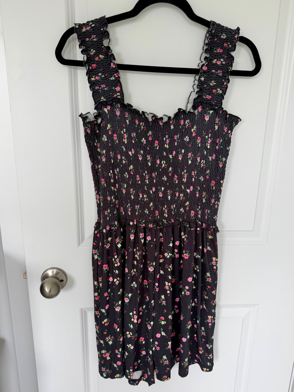 Smocked Floral Romper - Black with Pink Floral